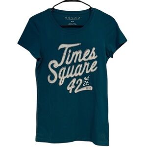Aeropostale Teal Green Blue Times Square Distressed Patch scoop neck Tee M